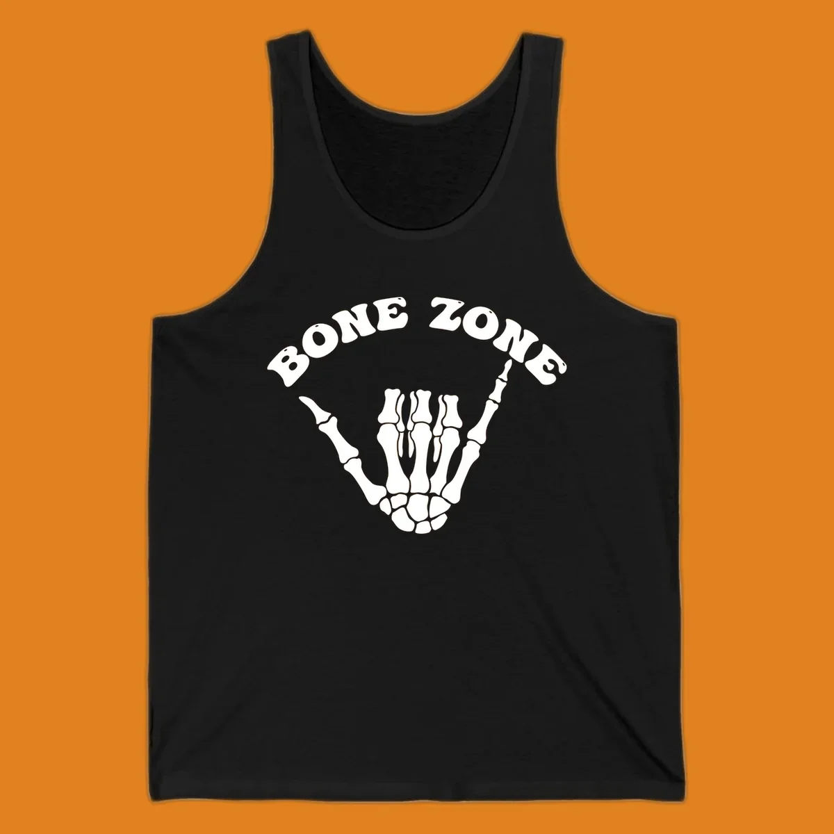 A white skeleton hand making a shaka sign with the arched text BONE ZONE above it, representing the bone-zone-shaka-skeleton concept.