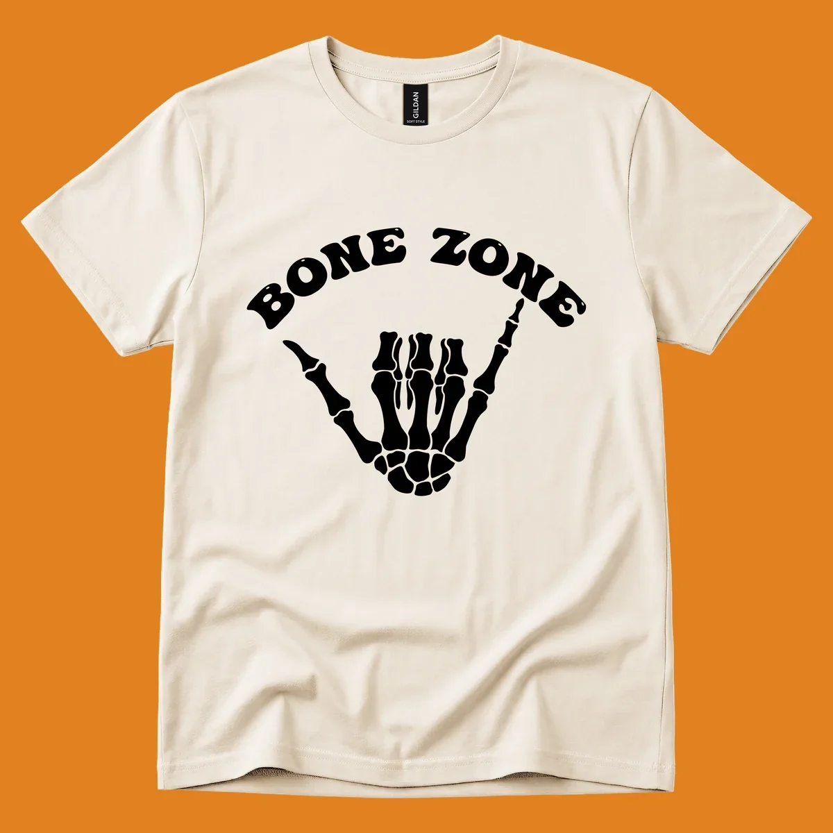 A white skeleton hand making a shaka sign with the arched text BONE ZONE above it, representing the bone-zone-shaka-skeleton concept.