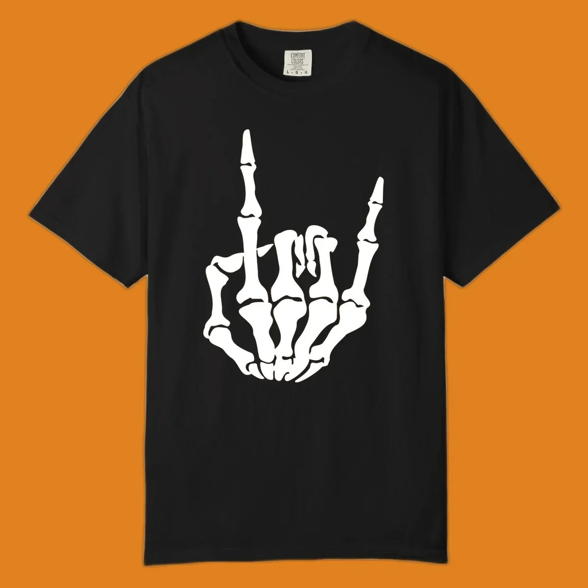 A detailed white skeleton hand making the 'rock on' gesture on a black background, representing the skeleton-hand-rock-on concept.