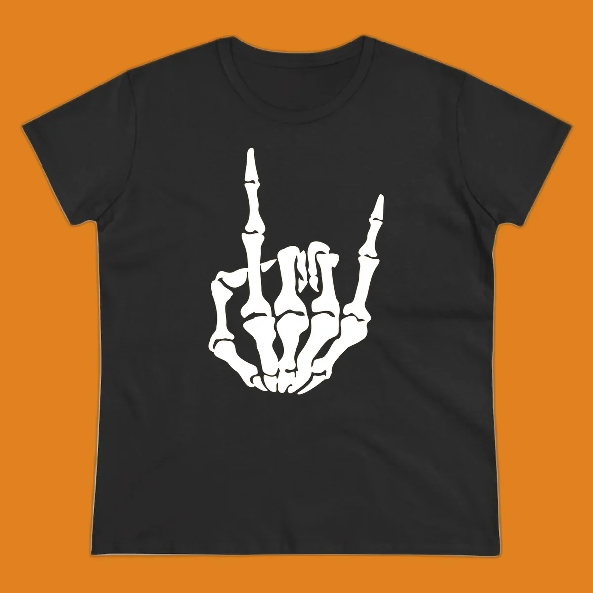 A detailed white skeleton hand making the 'rock on' gesture on a black background, representing the skeleton-hand-rock-on concept.