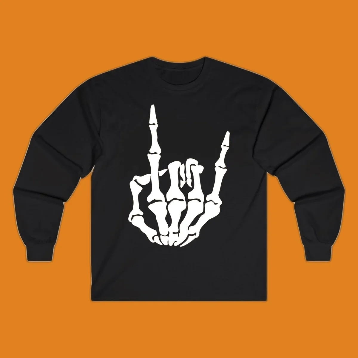 A detailed white skeleton hand making the 'rock on' gesture on a black background, representing the skeleton-hand-rock-on concept.