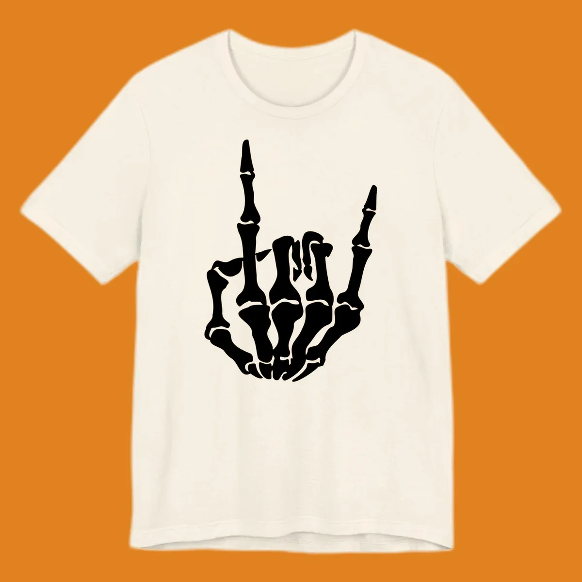 A detailed white skeleton hand making the 'rock on' gesture on a black background, representing the skeleton-hand-rock-on concept.