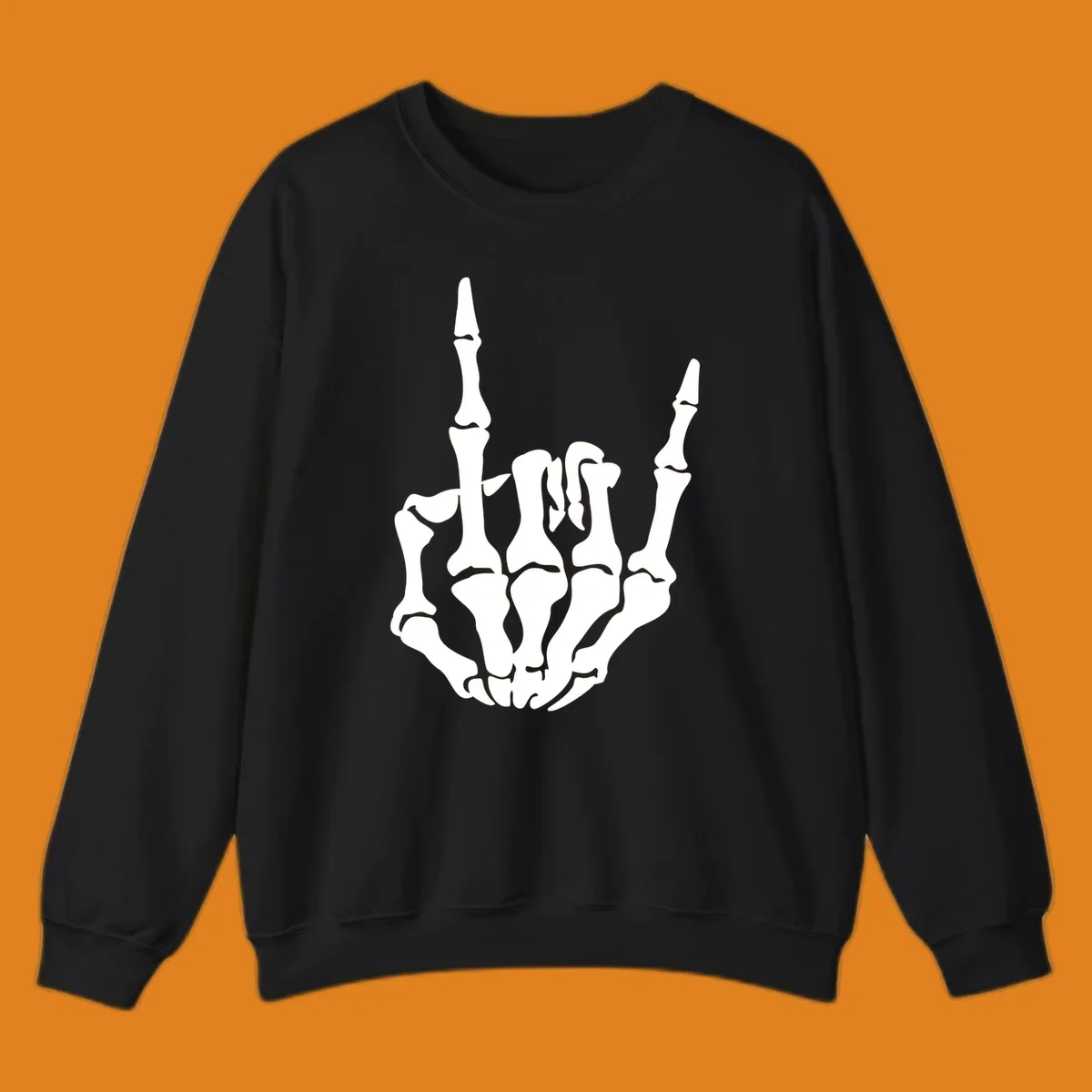 A detailed white skeleton hand making the 'rock on' gesture on a black background, representing the skeleton-hand-rock-on concept.