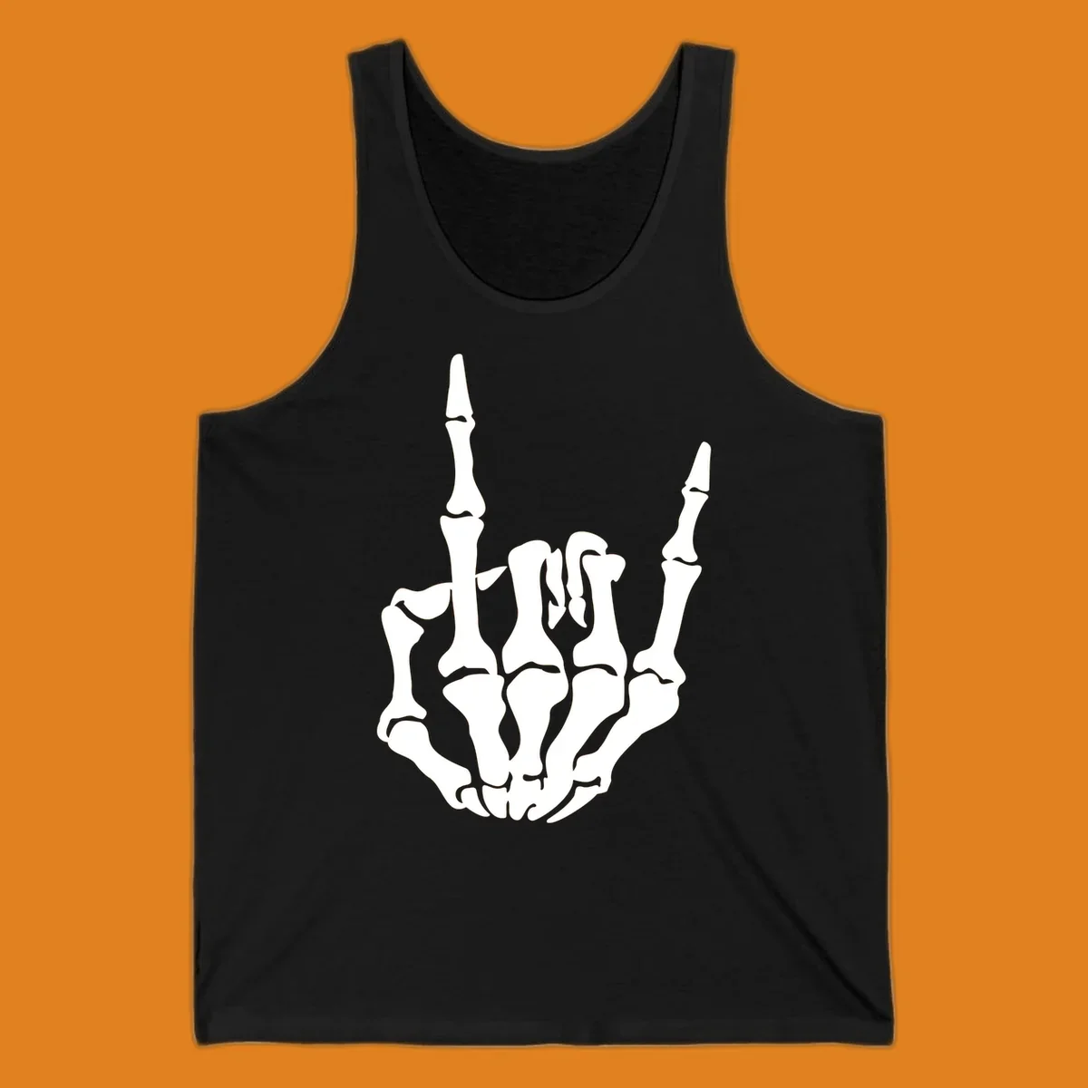 A detailed white skeleton hand making the 'rock on' gesture on a black background, representing the skeleton-hand-rock-on concept.
