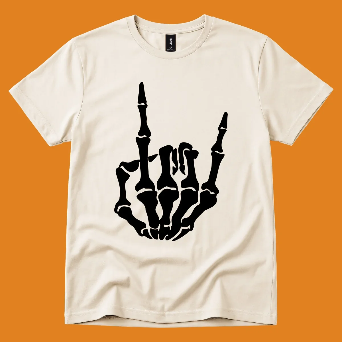 A detailed white skeleton hand making the 'rock on' gesture on a black background, representing the skeleton-hand-rock-on concept.