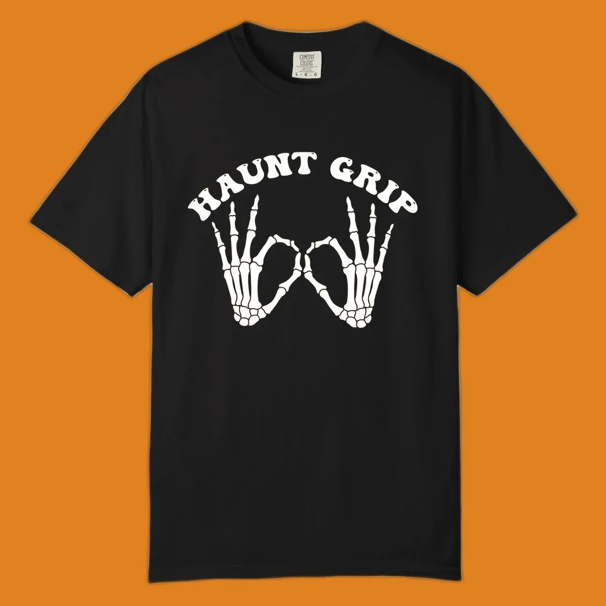 A graphic featuring two skeleton hands forming a heart shape, with 'HAUNT GRIP' text above, embodying the haunt-grip-skeleton-hands-heart theme.