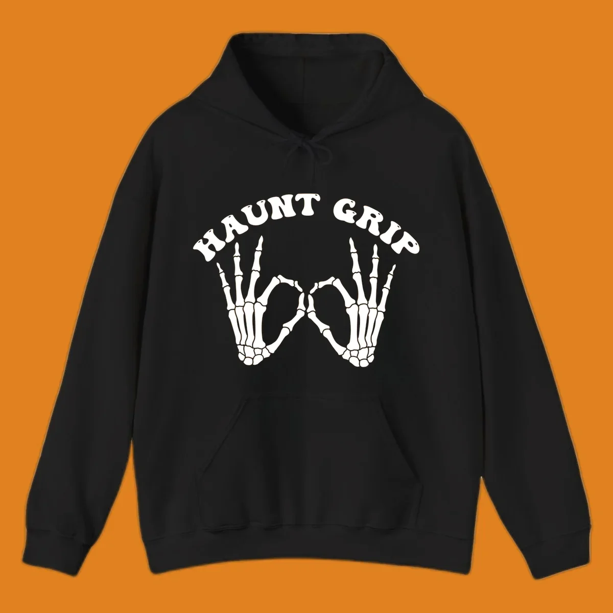 A graphic featuring two skeleton hands forming a heart shape, with 'HAUNT GRIP' text above, embodying the haunt-grip-skeleton-hands-heart theme.