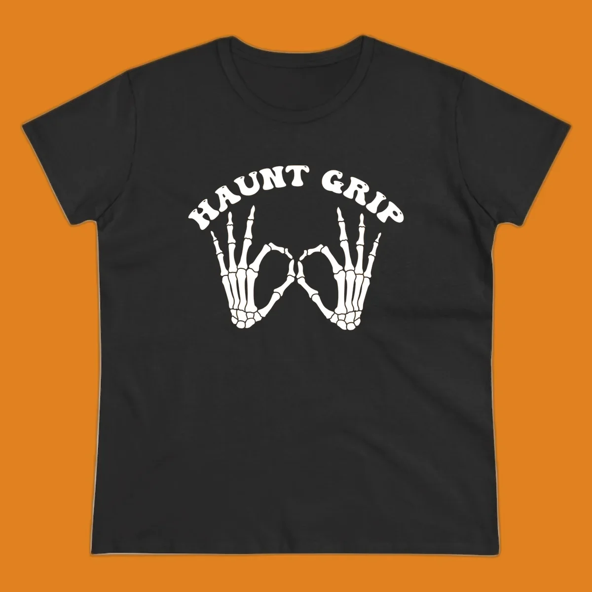 A graphic featuring two skeleton hands forming a heart shape, with 'HAUNT GRIP' text above, embodying the haunt-grip-skeleton-hands-heart theme.