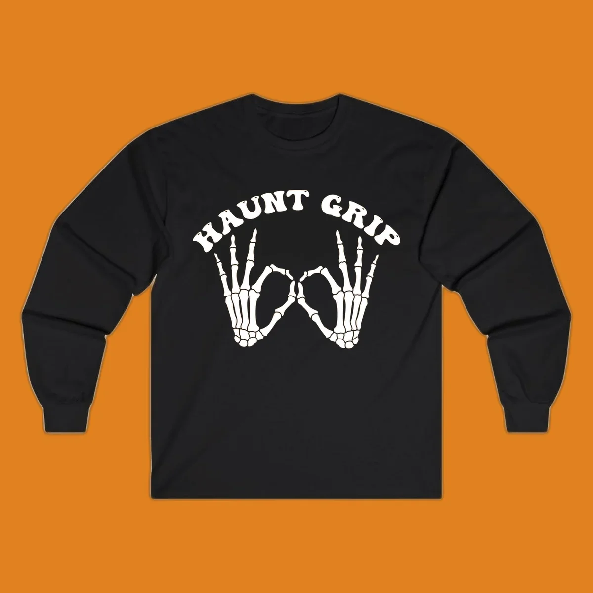 A graphic featuring two skeleton hands forming a heart shape, with 'HAUNT GRIP' text above, embodying the haunt-grip-skeleton-hands-heart theme.