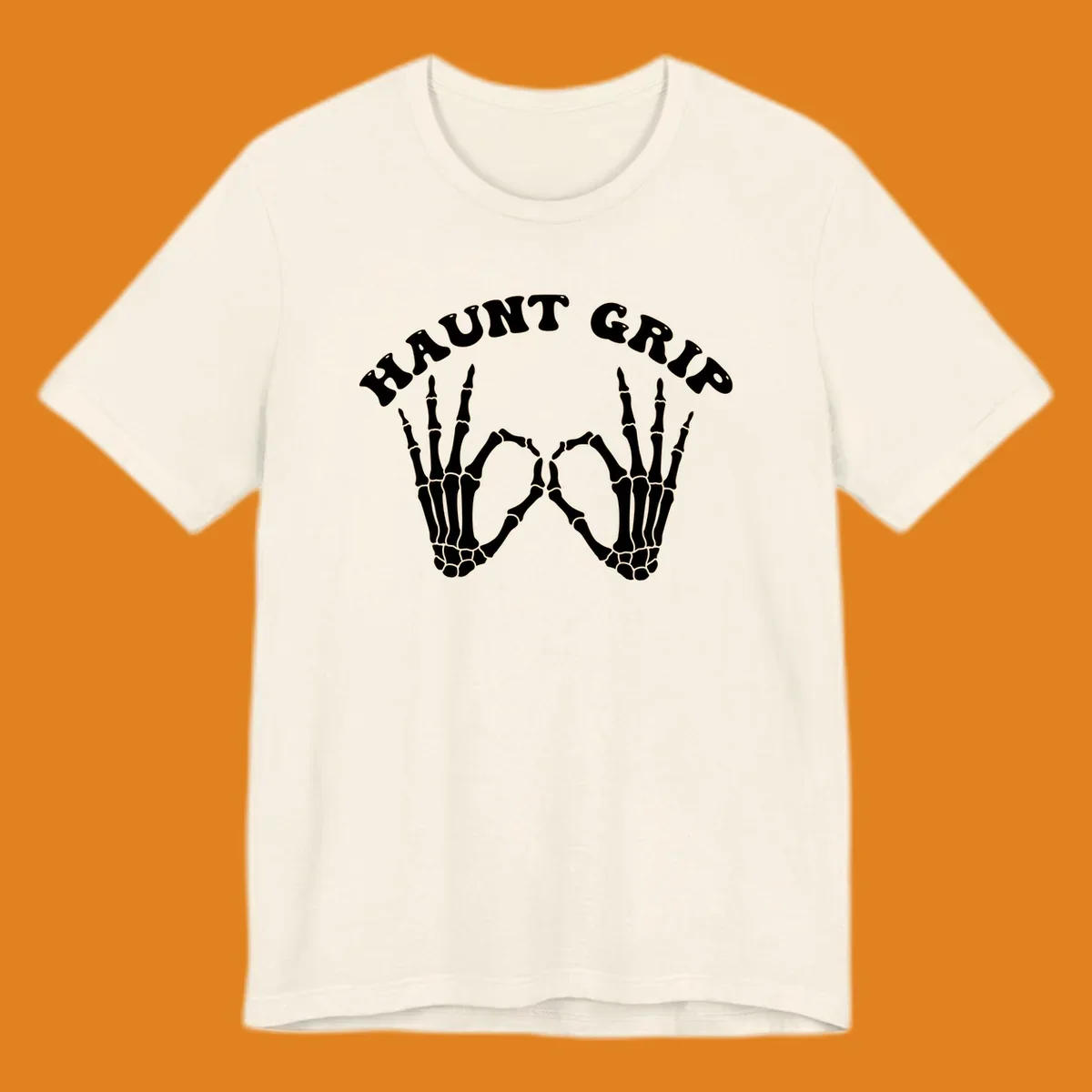 A graphic featuring two skeleton hands forming a heart shape, with 'HAUNT GRIP' text above, embodying the haunt-grip-skeleton-hands-heart theme.