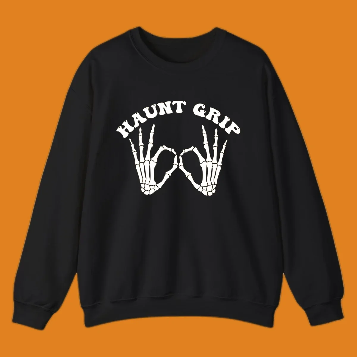 A graphic featuring two skeleton hands forming a heart shape, with 'HAUNT GRIP' text above, embodying the haunt-grip-skeleton-hands-heart theme.