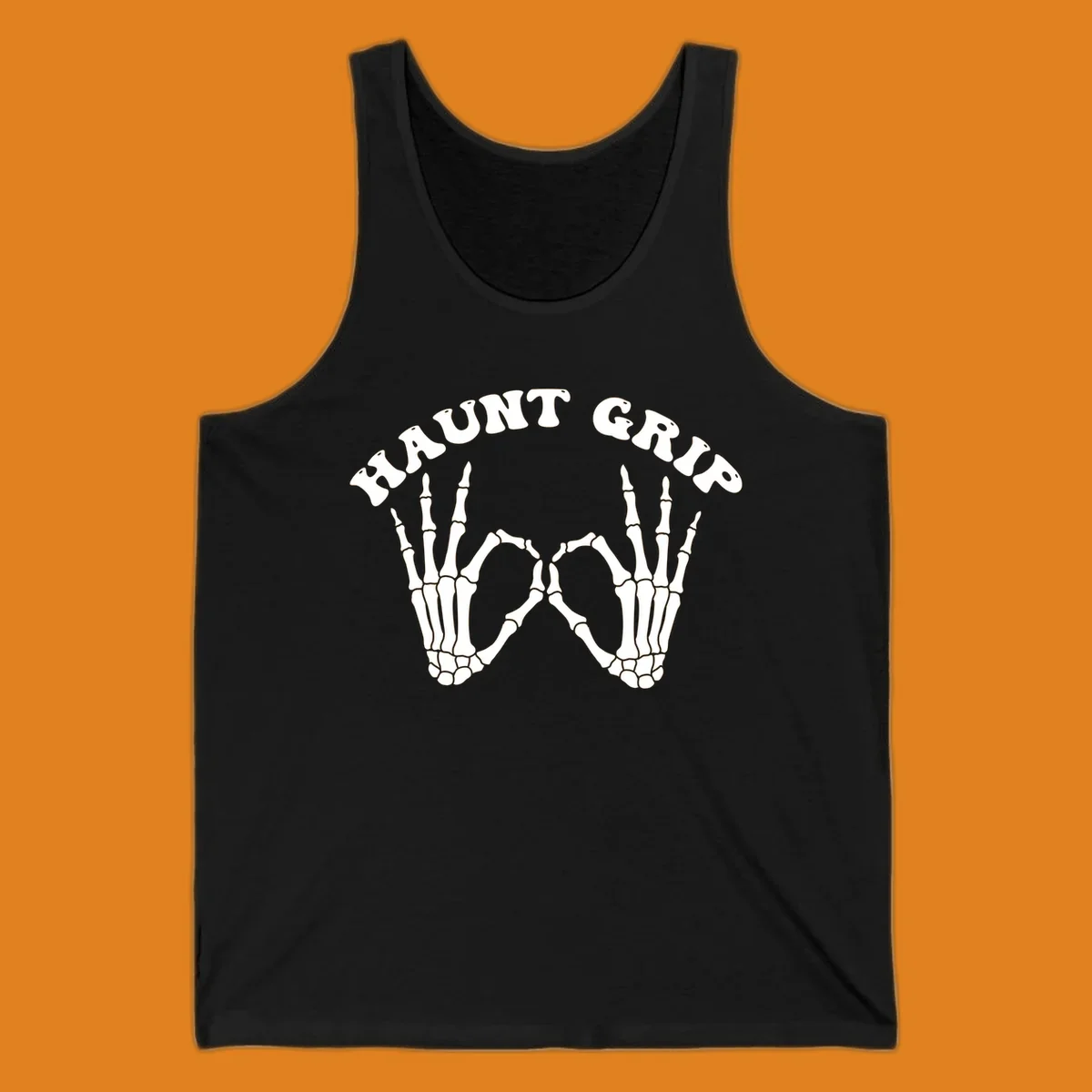 A graphic featuring two skeleton hands forming a heart shape, with 'HAUNT GRIP' text above, embodying the haunt-grip-skeleton-hands-heart theme.