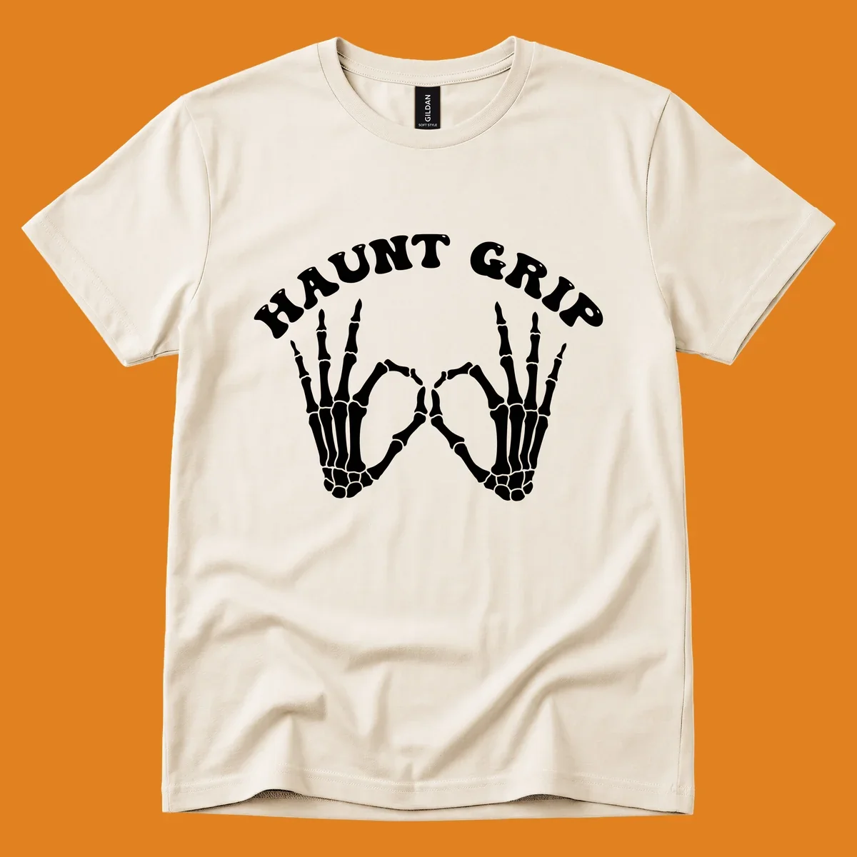 A graphic featuring two skeleton hands forming a heart shape, with 'HAUNT GRIP' text above, embodying the haunt-grip-skeleton-hands-heart theme.