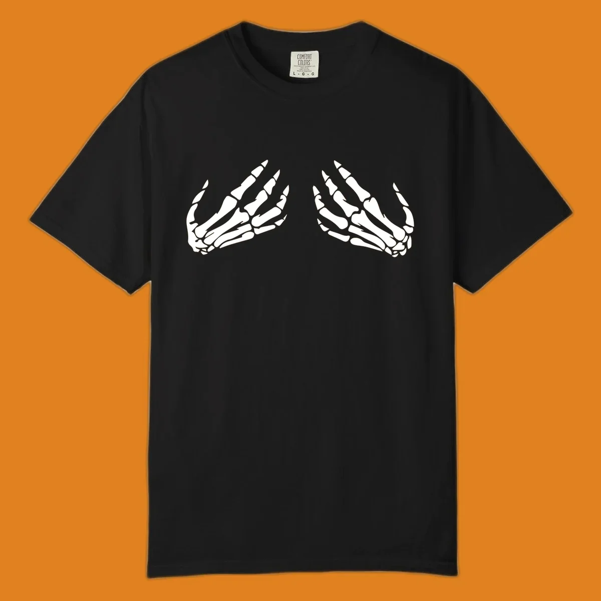 A minimalist illustration of two bony skeletal hands, facing each other and reaching upwards. The design highlights intricate bone details.
