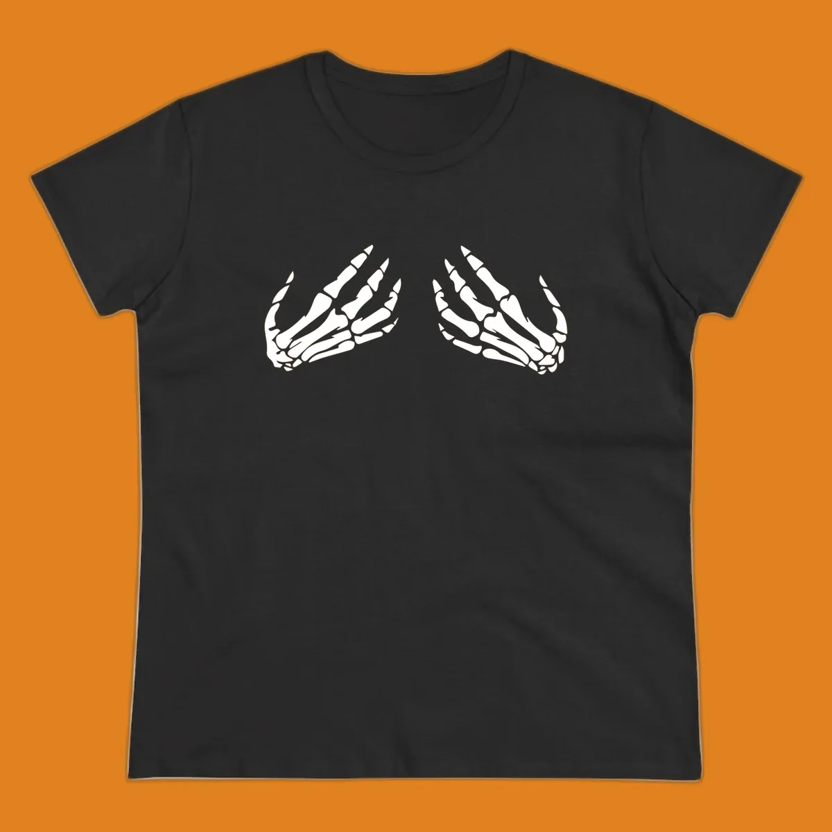 A minimalist illustration of two bony skeletal hands, facing each other and reaching upwards. The design highlights intricate bone details.