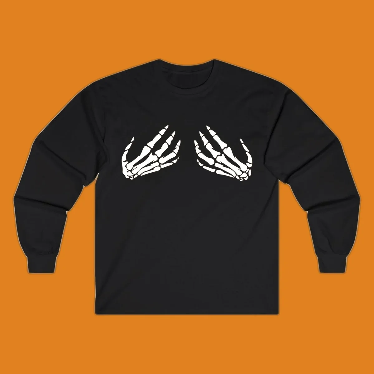 A minimalist illustration of two bony skeletal hands, facing each other and reaching upwards. The design highlights intricate bone details.