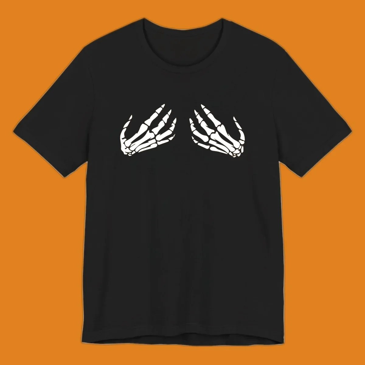 A minimalist illustration of two bony skeletal hands, facing each other and reaching upwards. The design highlights intricate bone details.