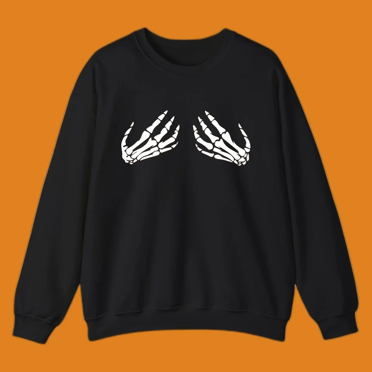 A minimalist illustration of two bony skeletal hands, facing each other and reaching upwards. The design highlights intricate bone details.