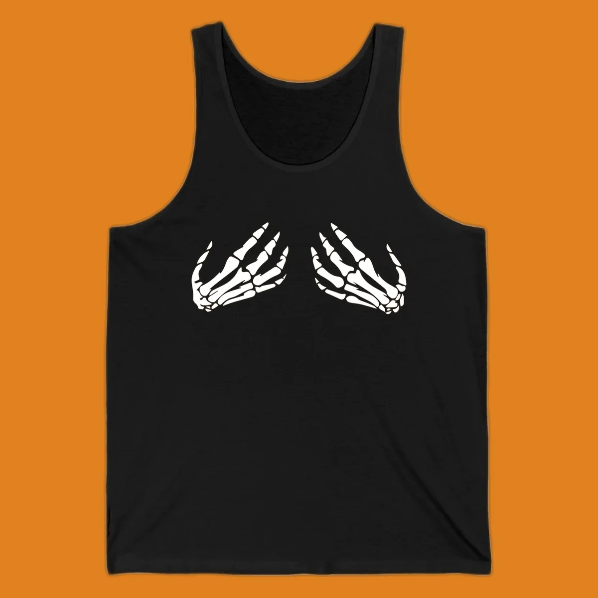 A minimalist illustration of two bony skeletal hands, facing each other and reaching upwards. The design highlights intricate bone details.