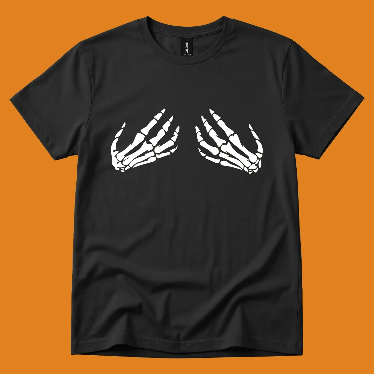 A minimalist illustration of two bony skeletal hands, facing each other and reaching upwards. The design highlights intricate bone details.