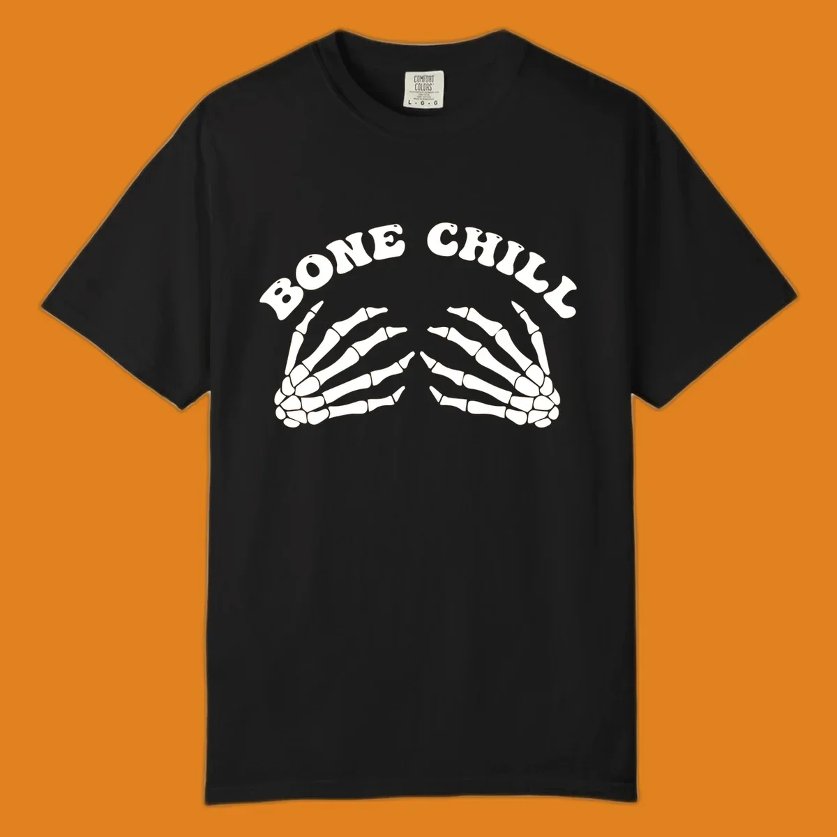 A 'Bone Chill' graphic featuring the phrase in an arched font above two pairs of stylized skeleton hands.