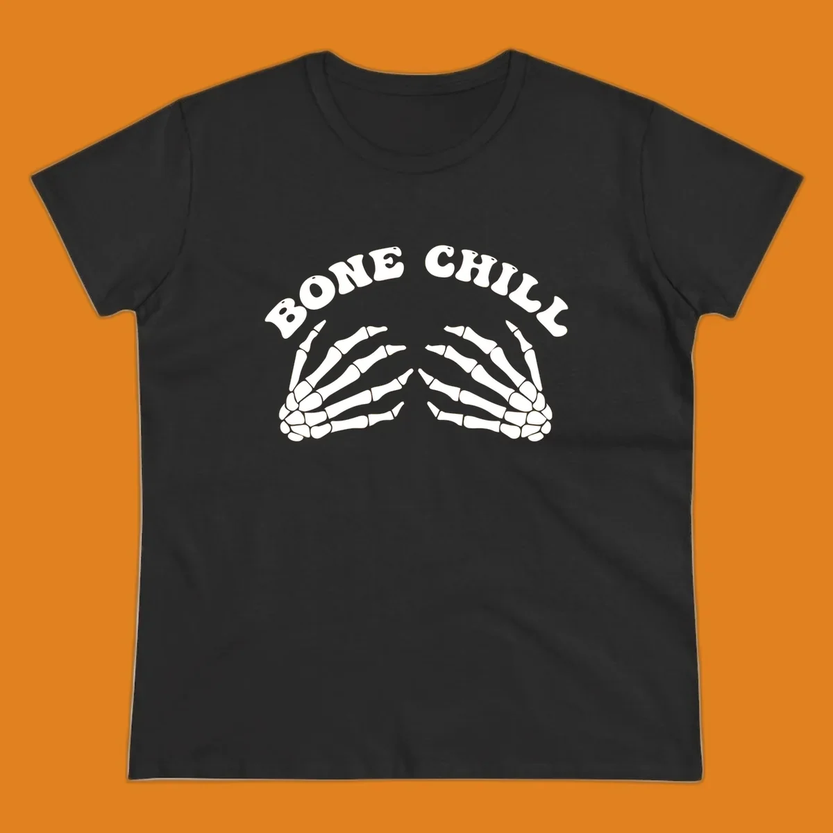A 'Bone Chill' graphic featuring the phrase in an arched font above two pairs of stylized skeleton hands.