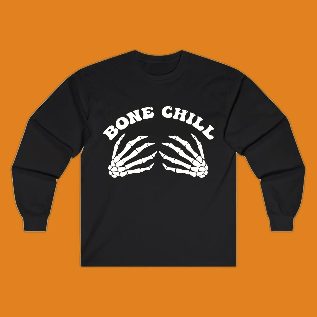 A 'Bone Chill' graphic featuring the phrase in an arched font above two pairs of stylized skeleton hands.