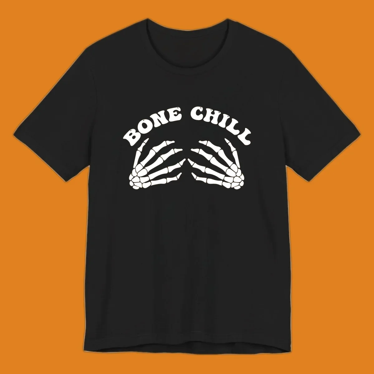 A 'Bone Chill' graphic featuring the phrase in an arched font above two pairs of stylized skeleton hands.