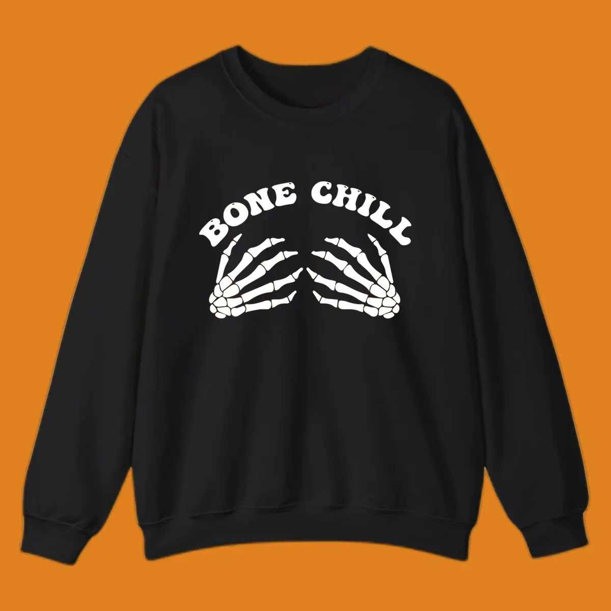 A 'Bone Chill' graphic featuring the phrase in an arched font above two pairs of stylized skeleton hands.