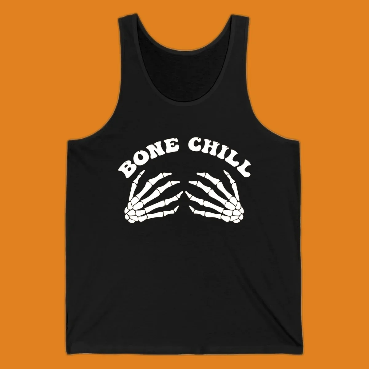 A 'Bone Chill' graphic featuring the phrase in an arched font above two pairs of stylized skeleton hands.
