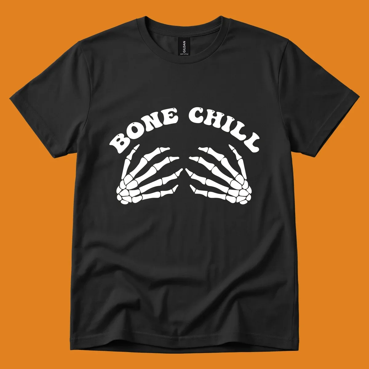 A 'Bone Chill' graphic featuring the phrase in an arched font above two pairs of stylized skeleton hands.