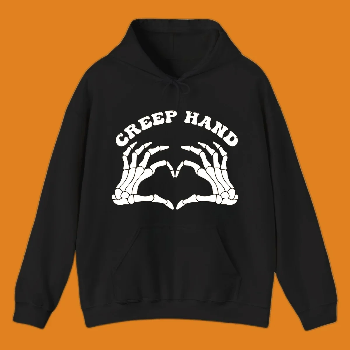 A white creep-hand-skeleton-heart design with two skeleton hands forming a heart shape below the arched text 'CREEP HAND'.