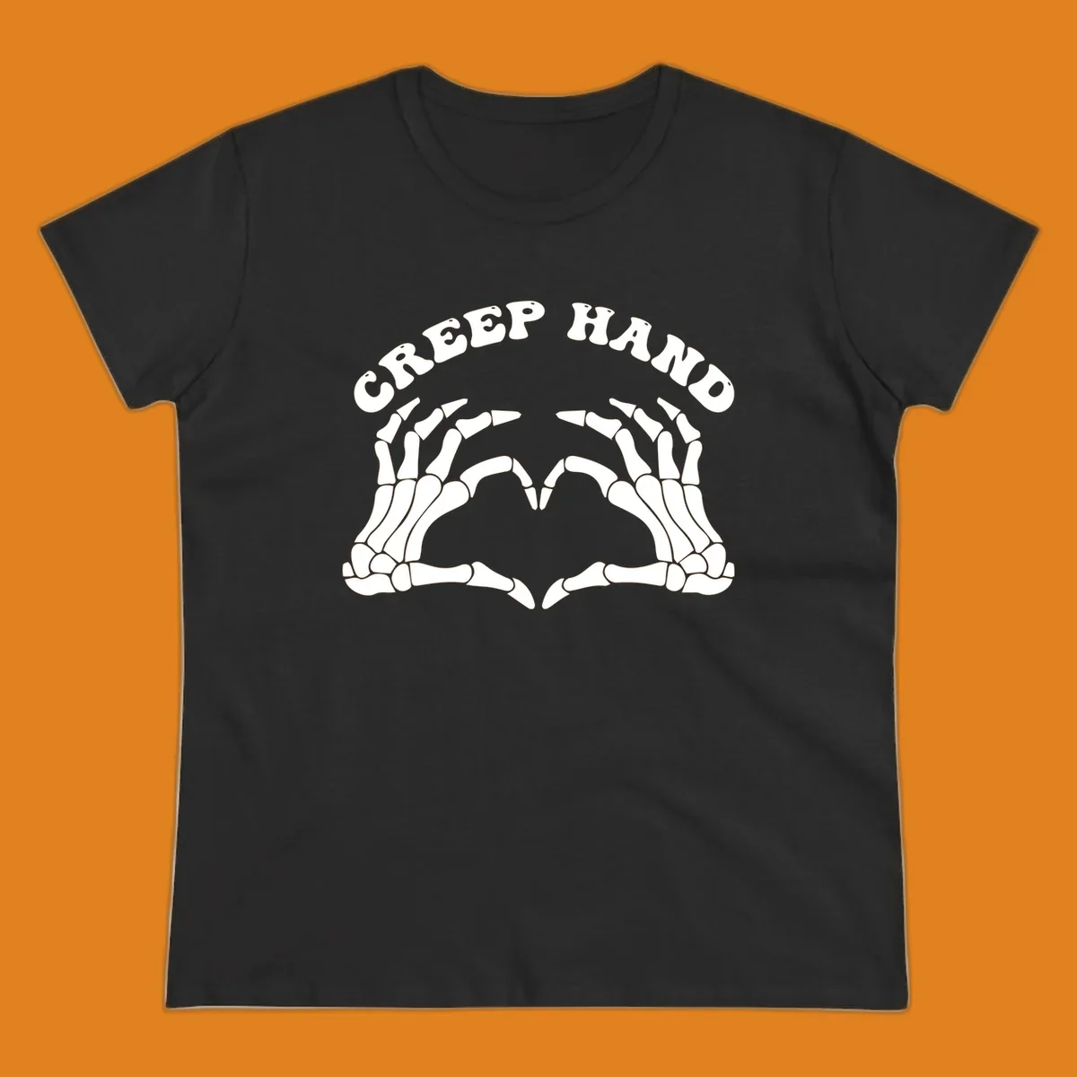 A white creep-hand-skeleton-heart design with two skeleton hands forming a heart shape below the arched text 'CREEP HAND'.