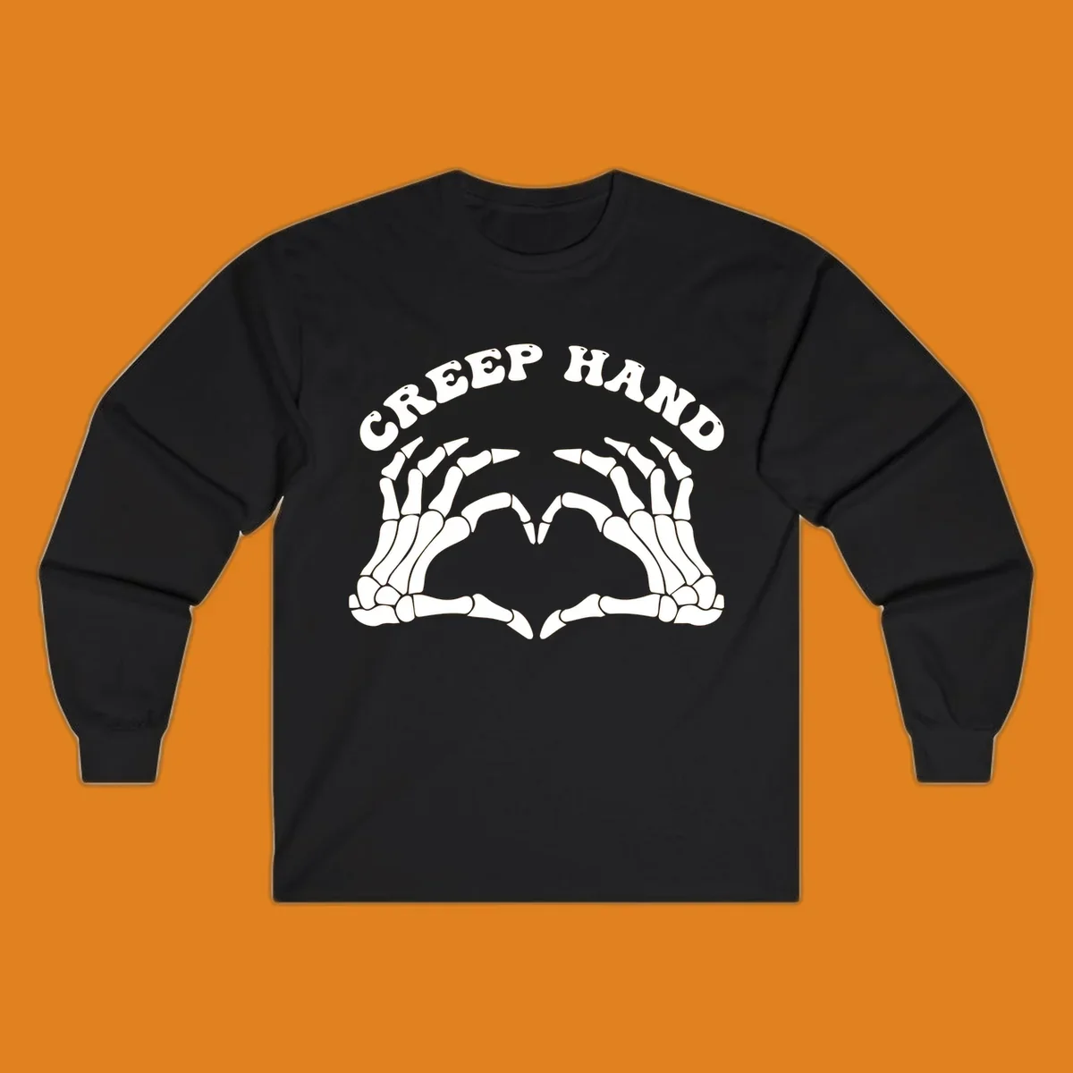 A white creep-hand-skeleton-heart design with two skeleton hands forming a heart shape below the arched text 'CREEP HAND'.
