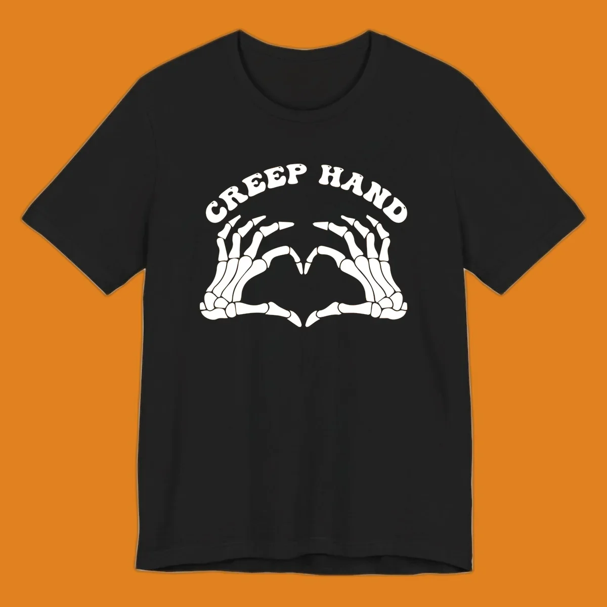 A white creep-hand-skeleton-heart design with two skeleton hands forming a heart shape below the arched text 'CREEP HAND'.