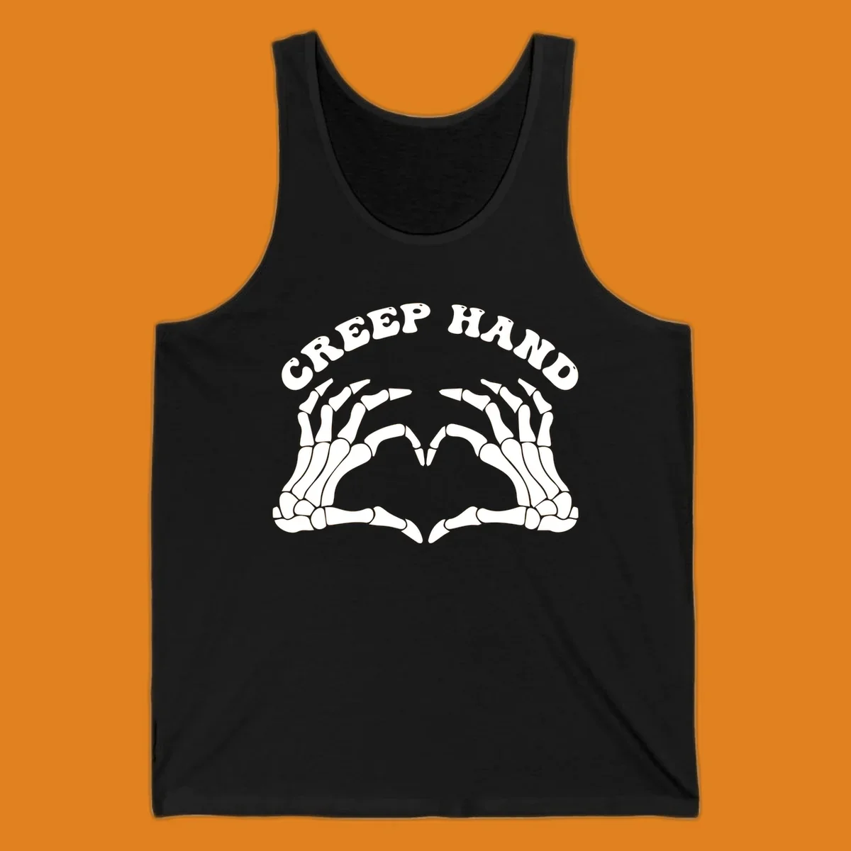 A white creep-hand-skeleton-heart design with two skeleton hands forming a heart shape below the arched text 'CREEP HAND'.