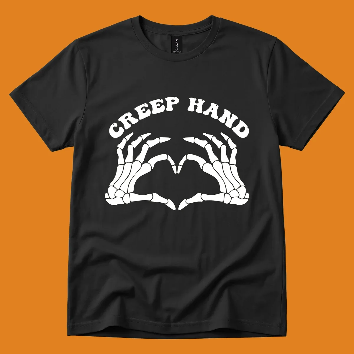 A white creep-hand-skeleton-heart design with two skeleton hands forming a heart shape below the arched text 'CREEP HAND'.