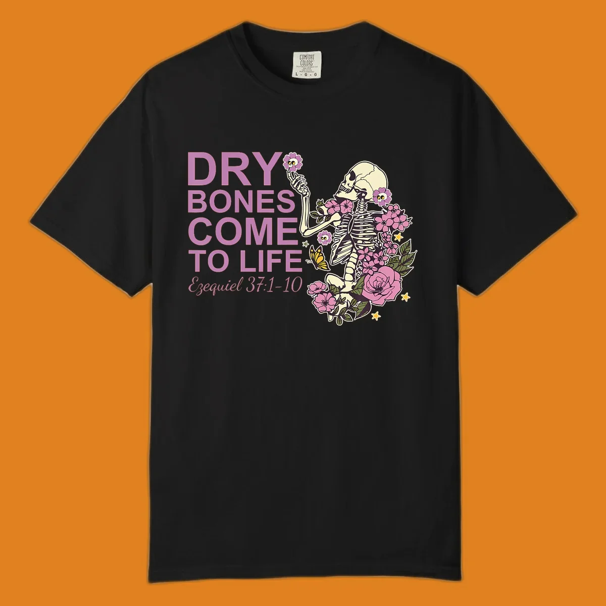 Illustration of a skeleton with flowers and text 'Dry Bones Come to Life', symbolizing resurrection.