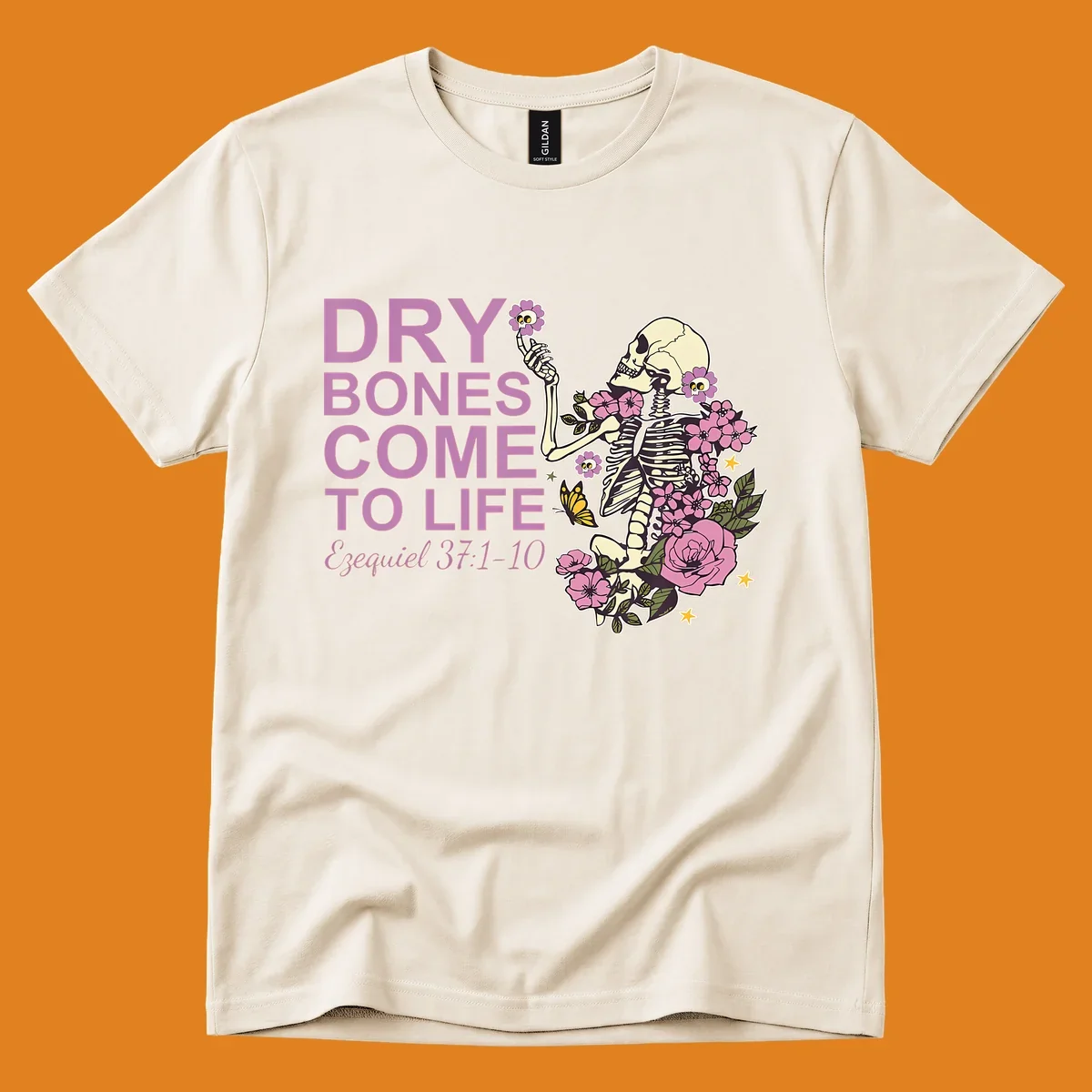 Illustration of a skeleton with flowers and text 'Dry Bones Come to Life', symbolizing resurrection.