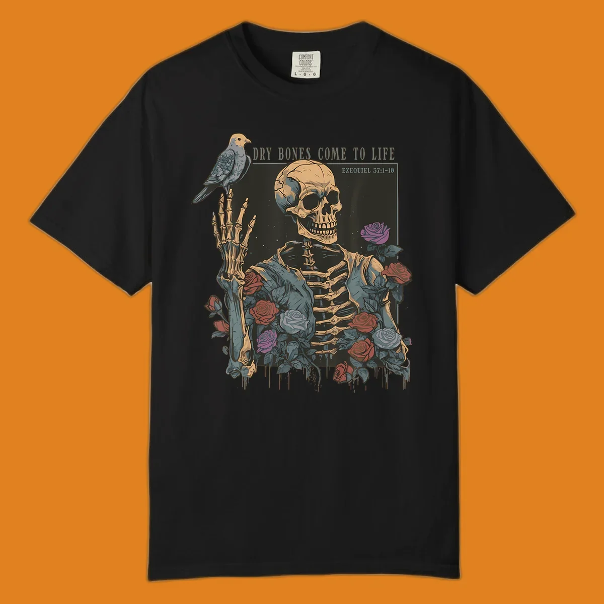 Skeleton with roses and dove, dry bones come to life resurrection art