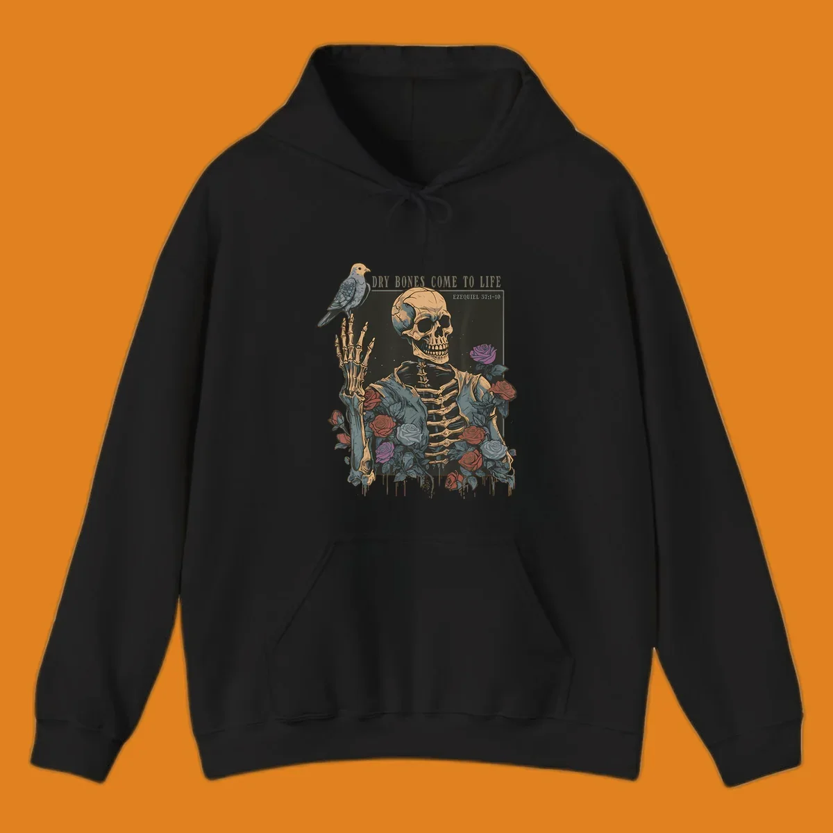 Skeleton with roses and dove, dry bones come to life resurrection art