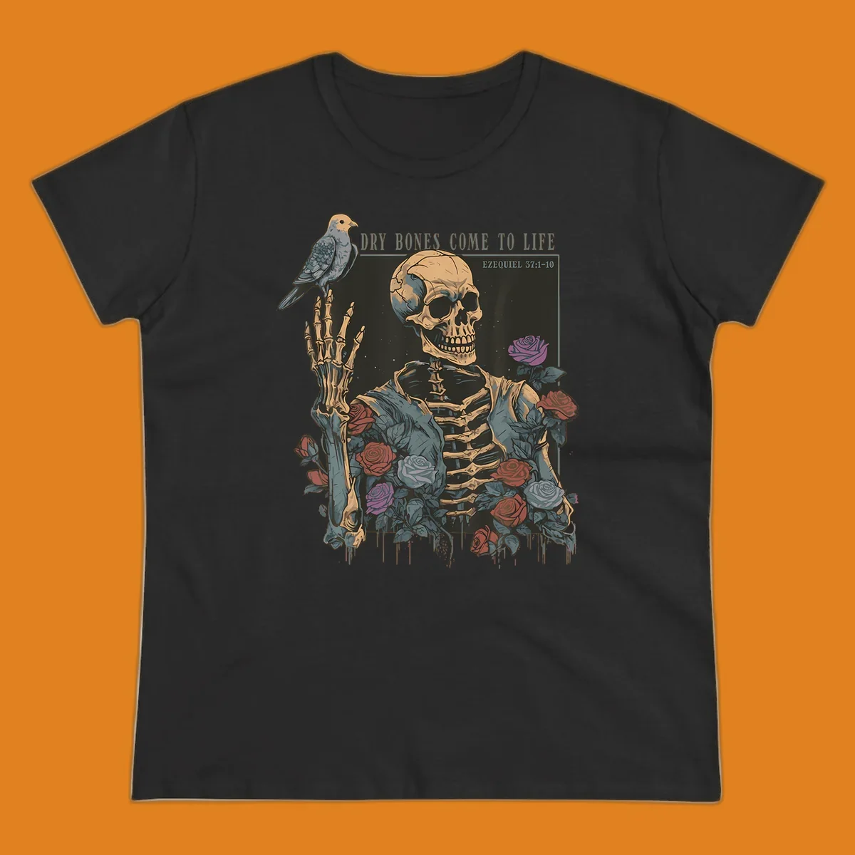 Skeleton with roses and dove, dry bones come to life resurrection art