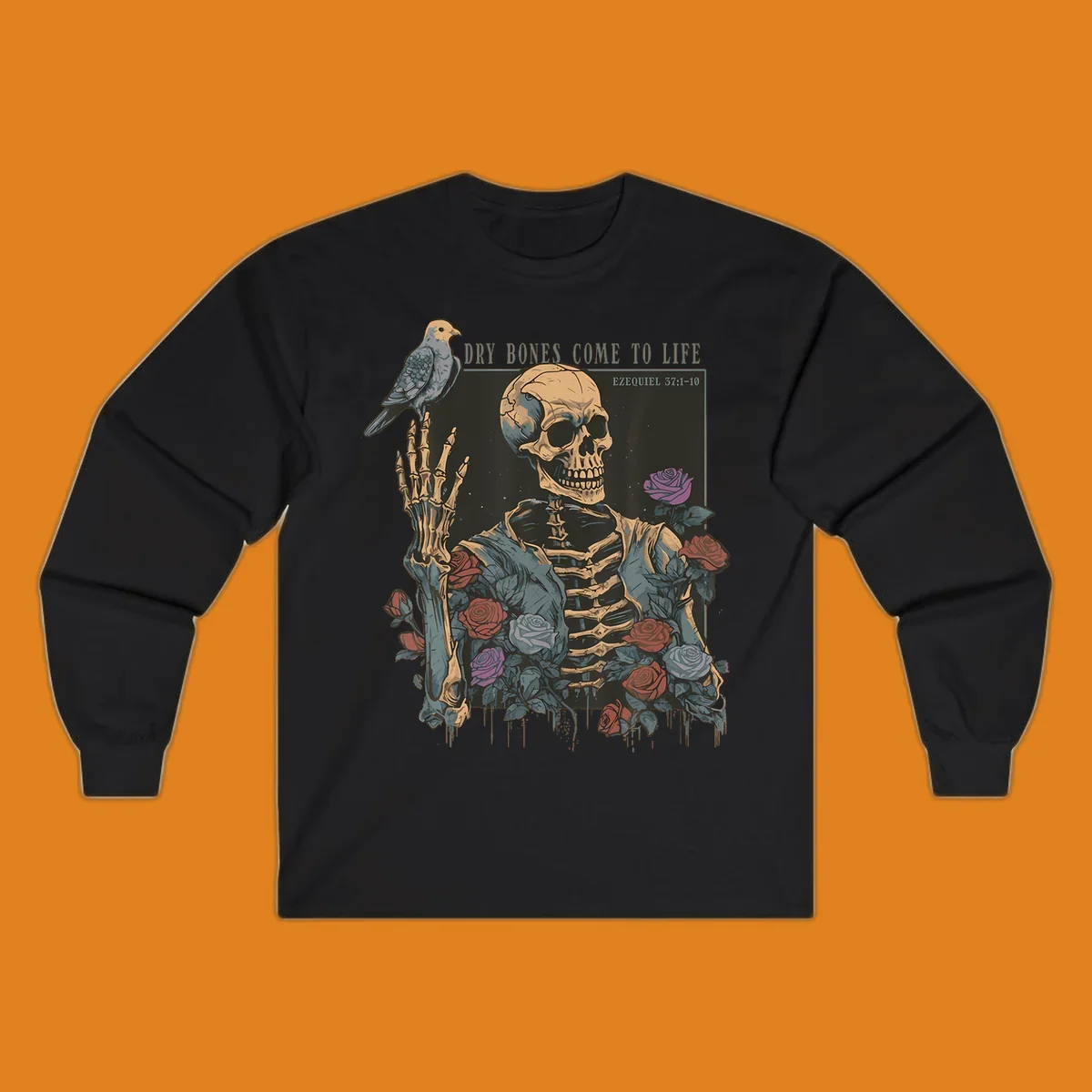 Skeleton with roses and dove, dry bones come to life resurrection art