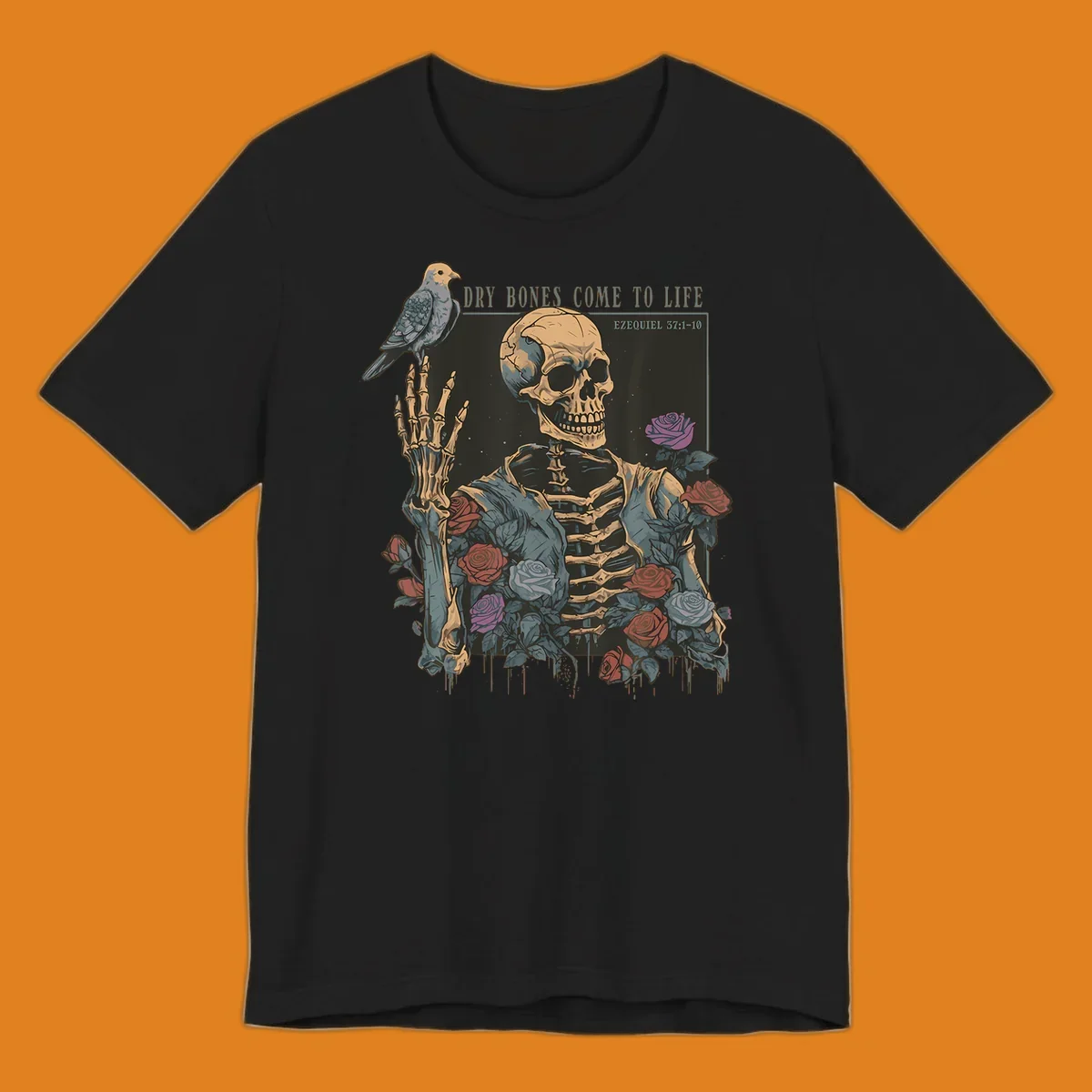 Skeleton with roses and dove, dry bones come to life resurrection art