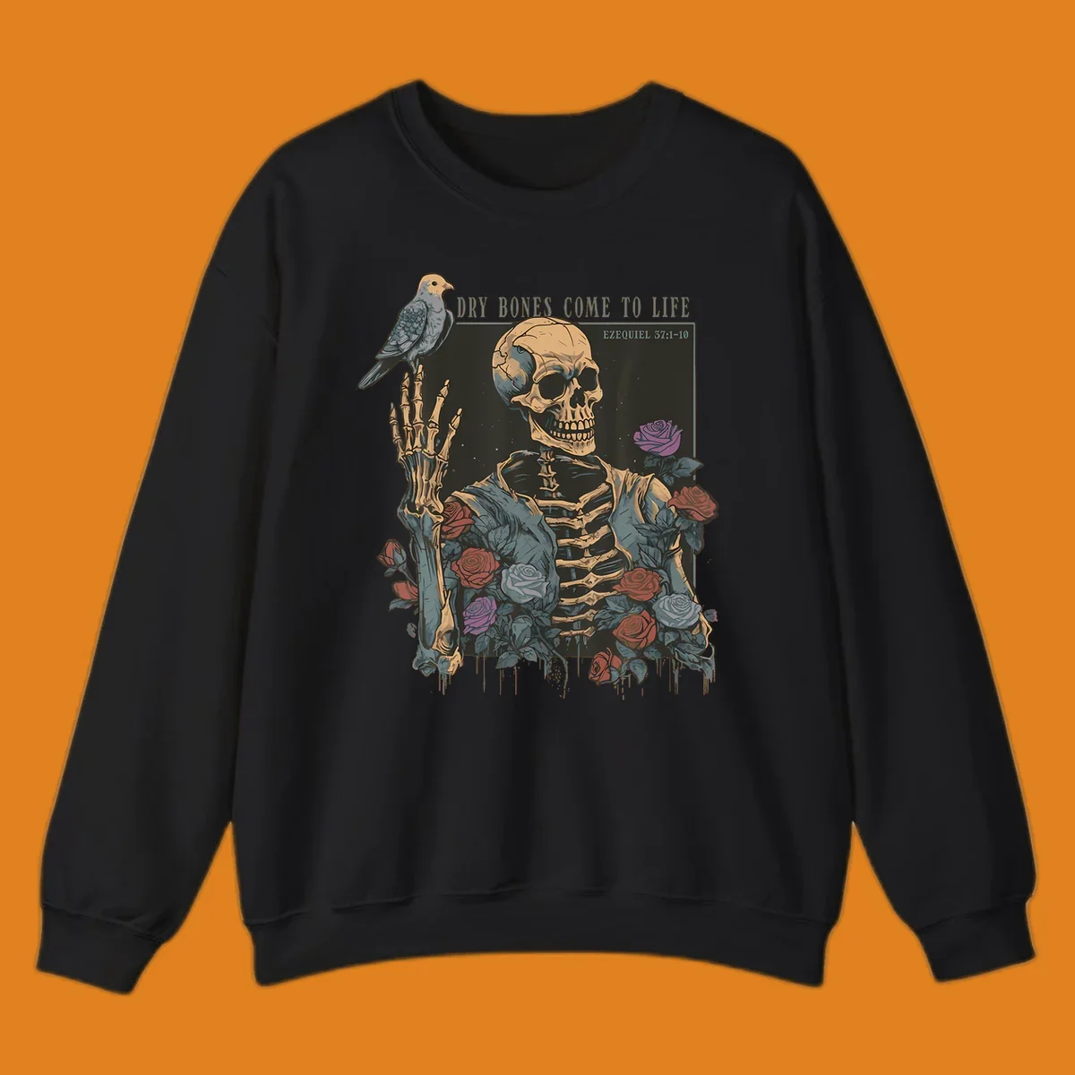 Skeleton with roses and dove, dry bones come to life resurrection art
