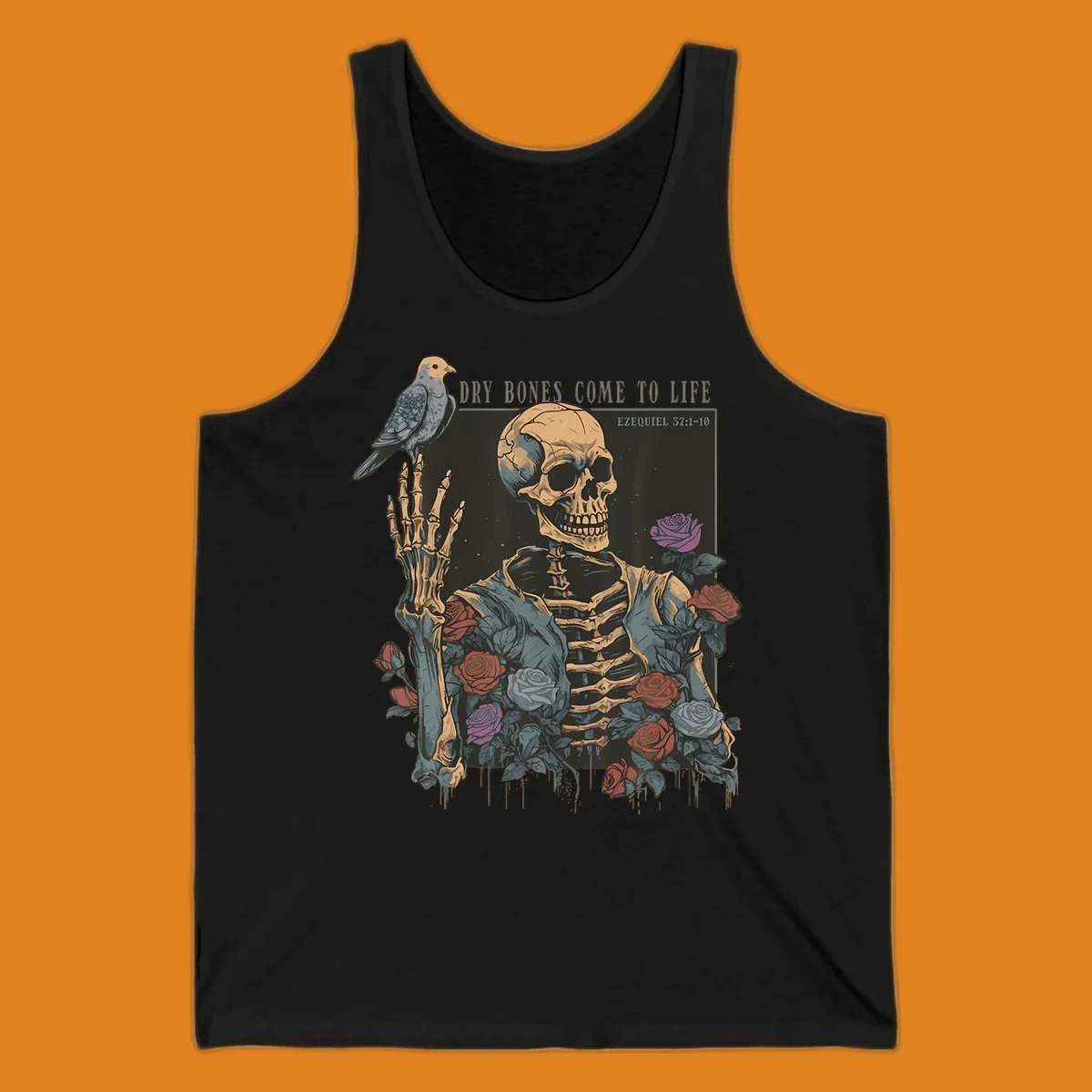 Skeleton with roses and dove, dry bones come to life resurrection art