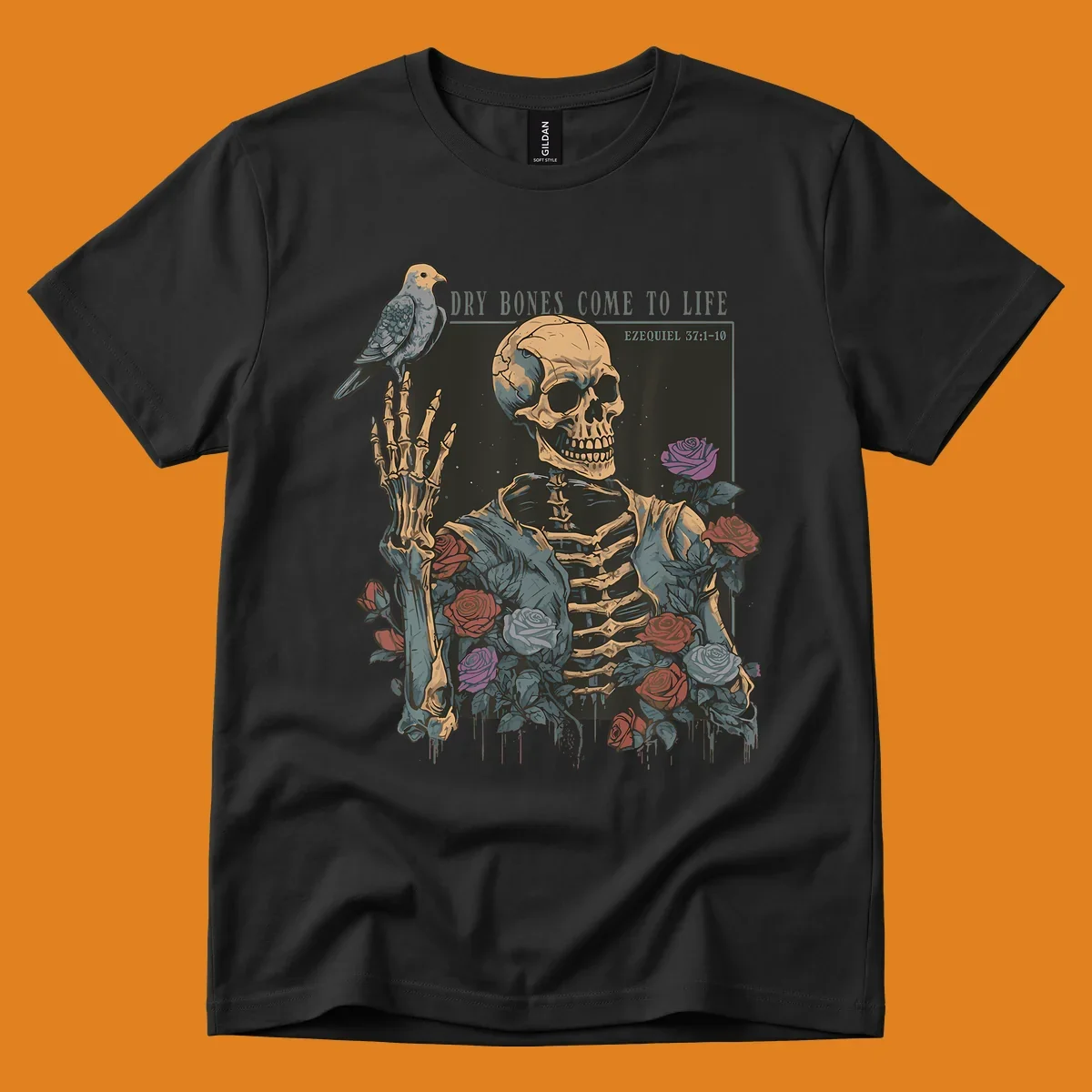 Skeleton with roses and dove, dry bones come to life resurrection art