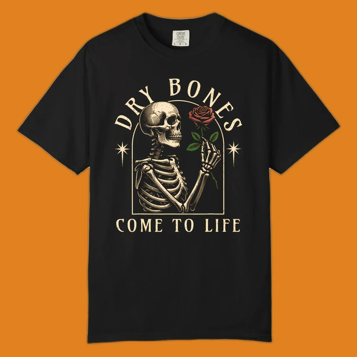 Skeleton holding a rose, with text 'Dry Bones Come To Life'. Dry-bones-rose.