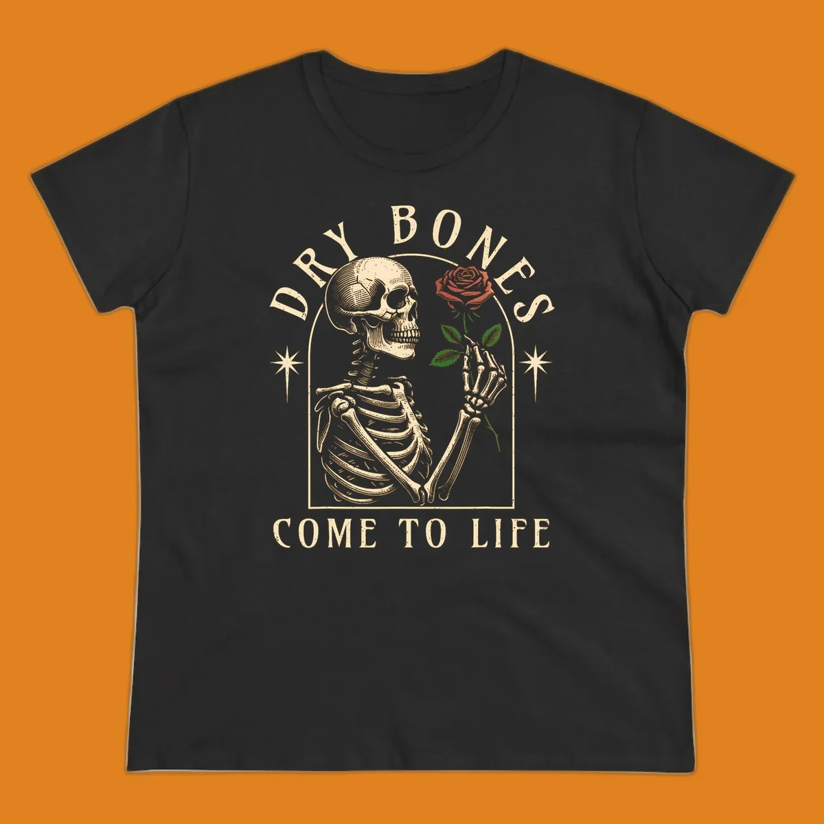 Skeleton holding a rose, with text 'Dry Bones Come To Life'. Dry-bones-rose.