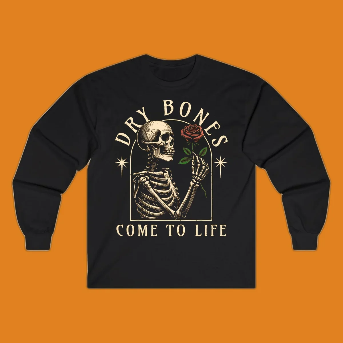 Skeleton holding a rose, with text 'Dry Bones Come To Life'. Dry-bones-rose.